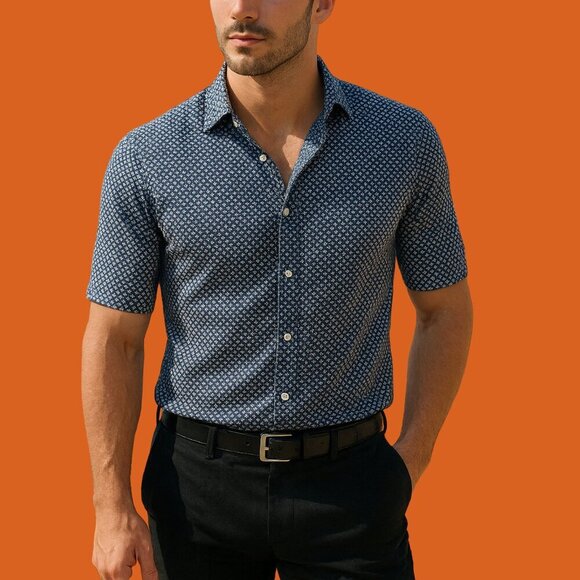 Modango Milano Navy Diamond-Print Short Sleeve Shirt | XL (Size 7) - Picture 1 of 7